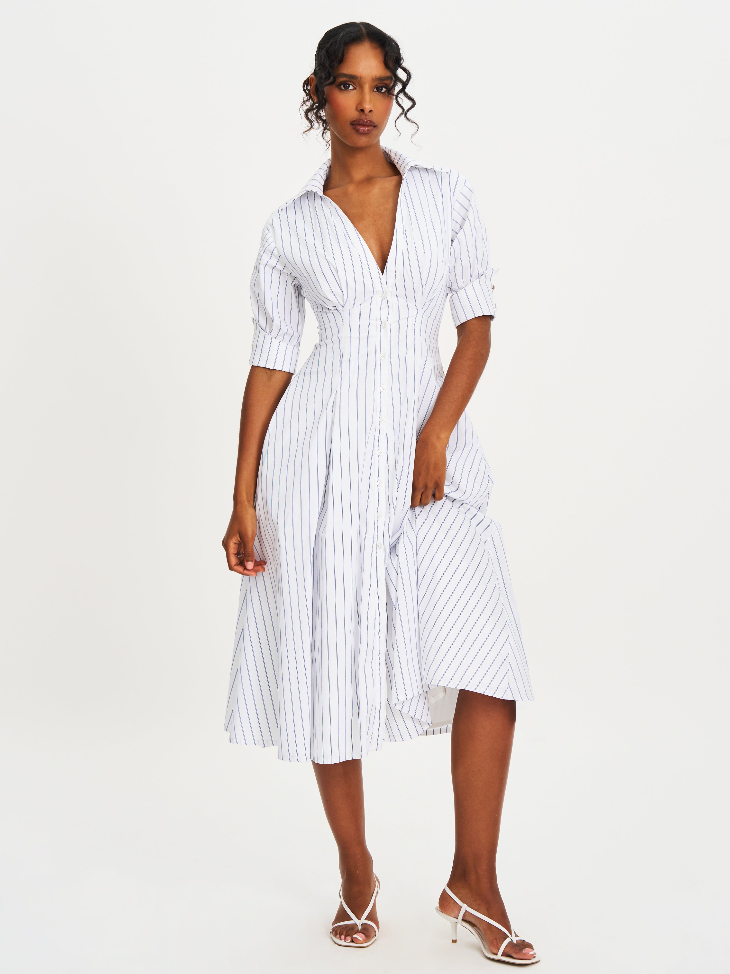 Palina Pinstripes Cotton Poplin Midi Dress