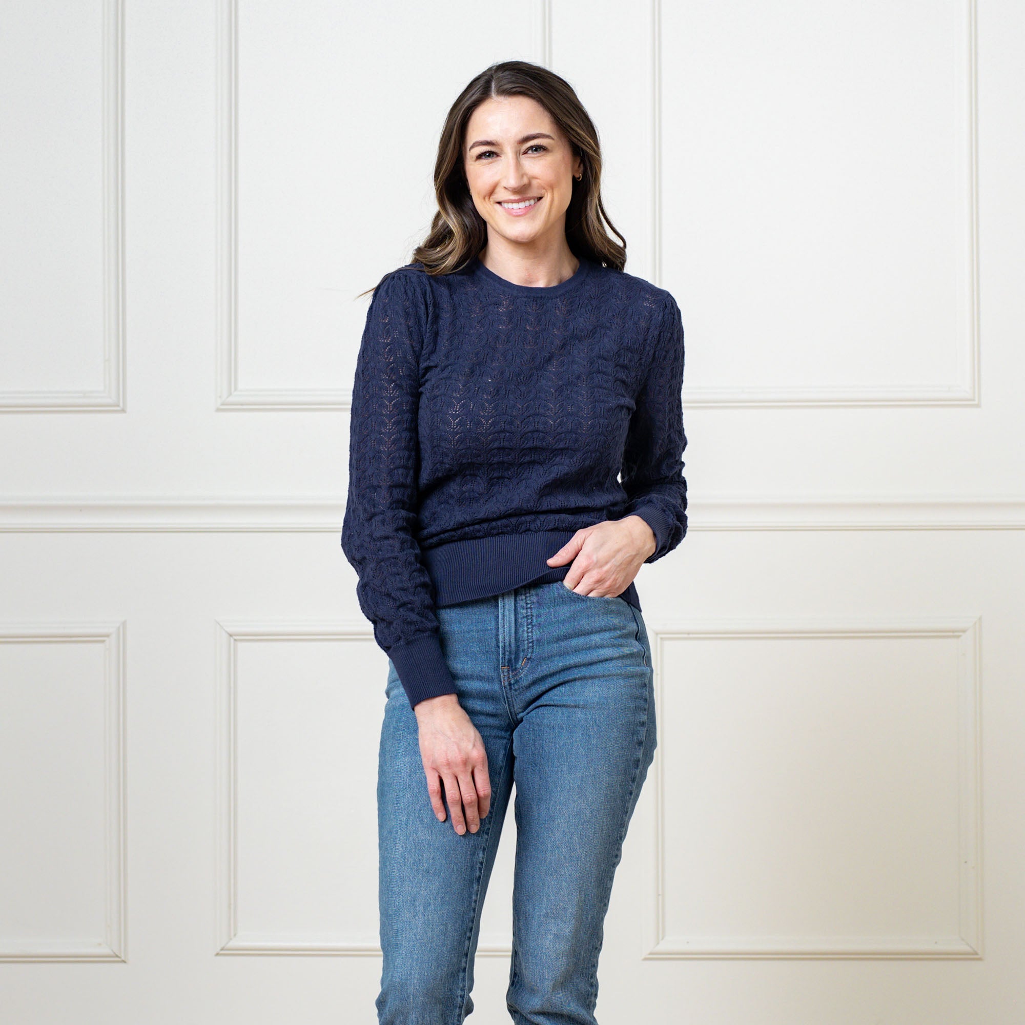 Crew Neck Pointelle Sweater