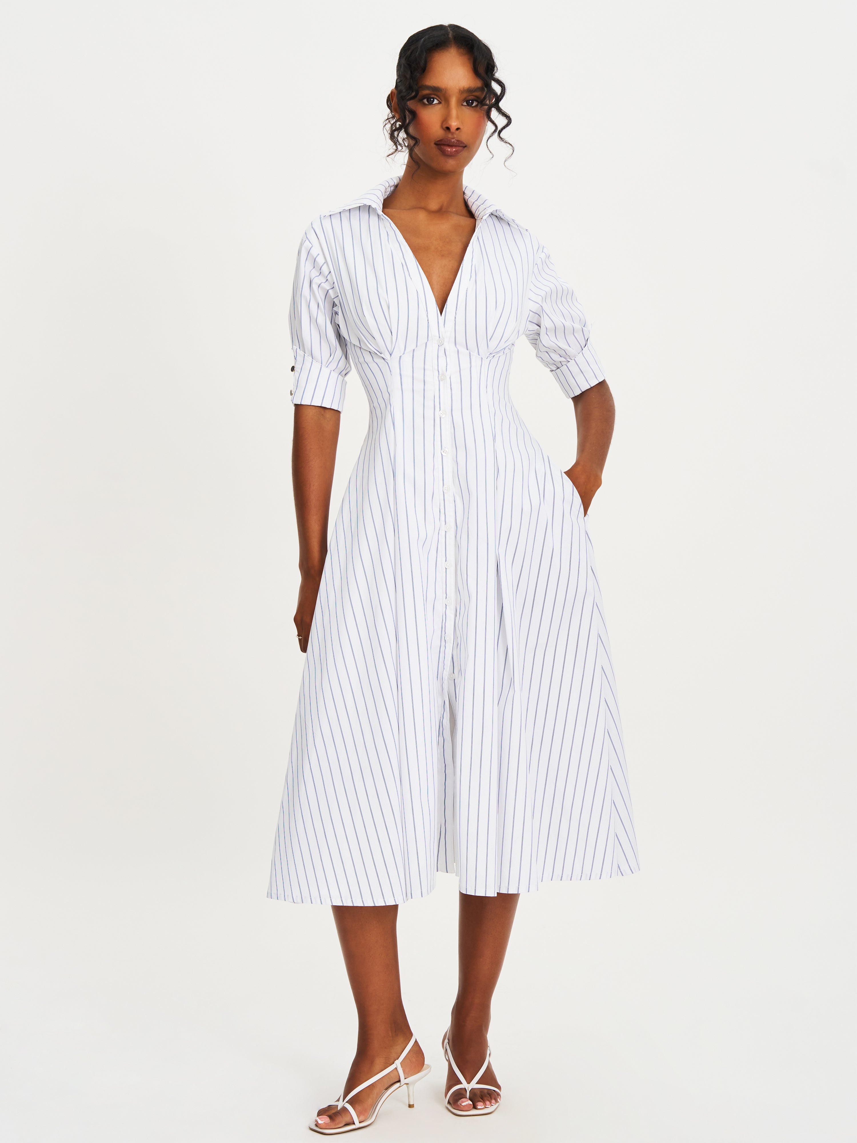 Palina Pinstripes Cotton Poplin Midi Dress