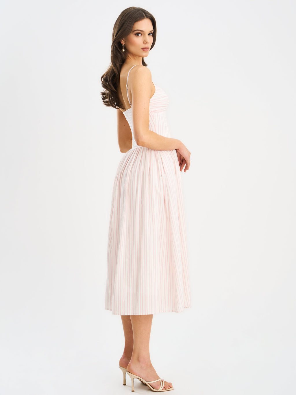 Zania Pink Stripe Ruched Midi Dress