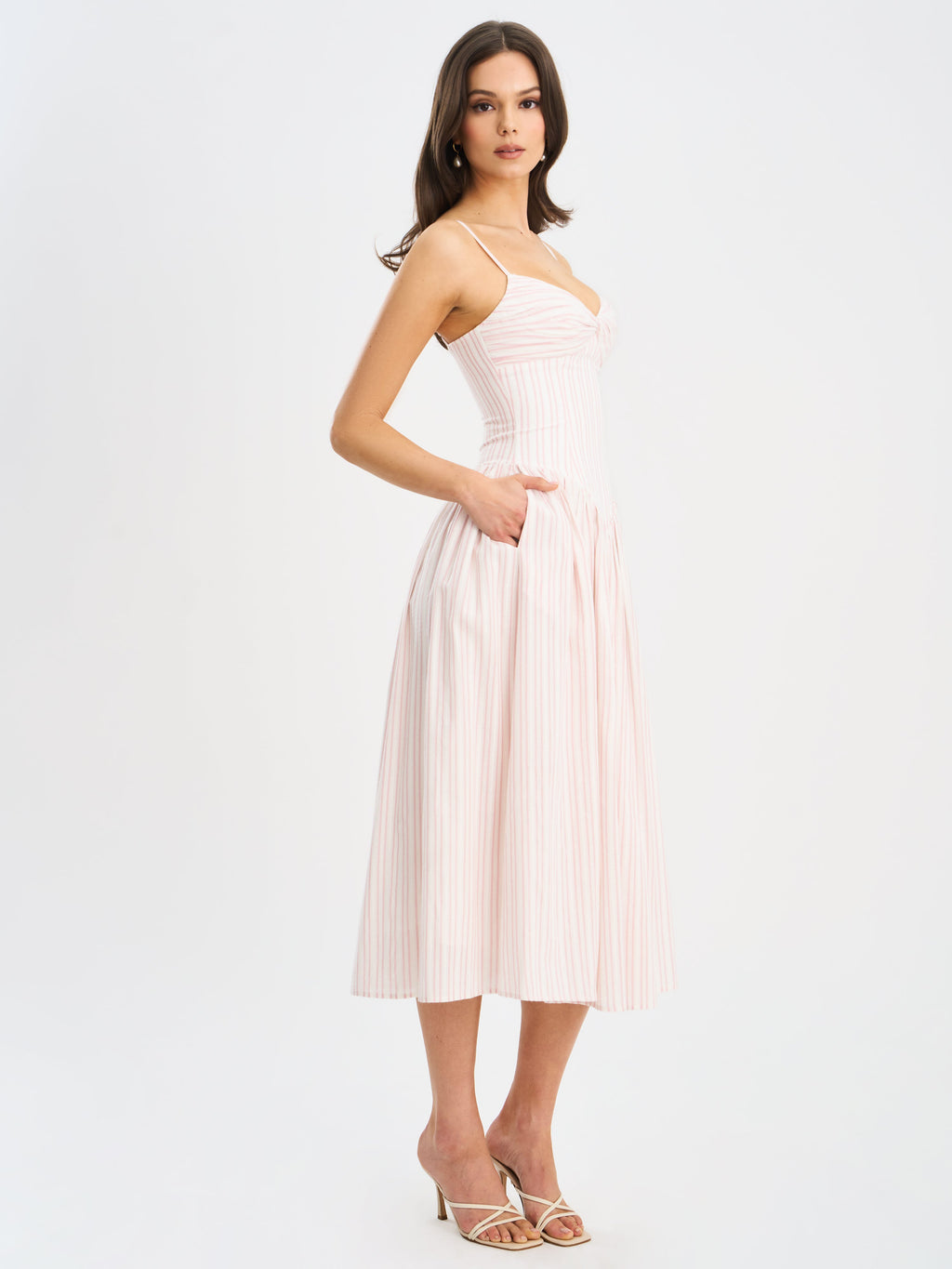 Zania Pink Stripe Ruched Midi Dress
