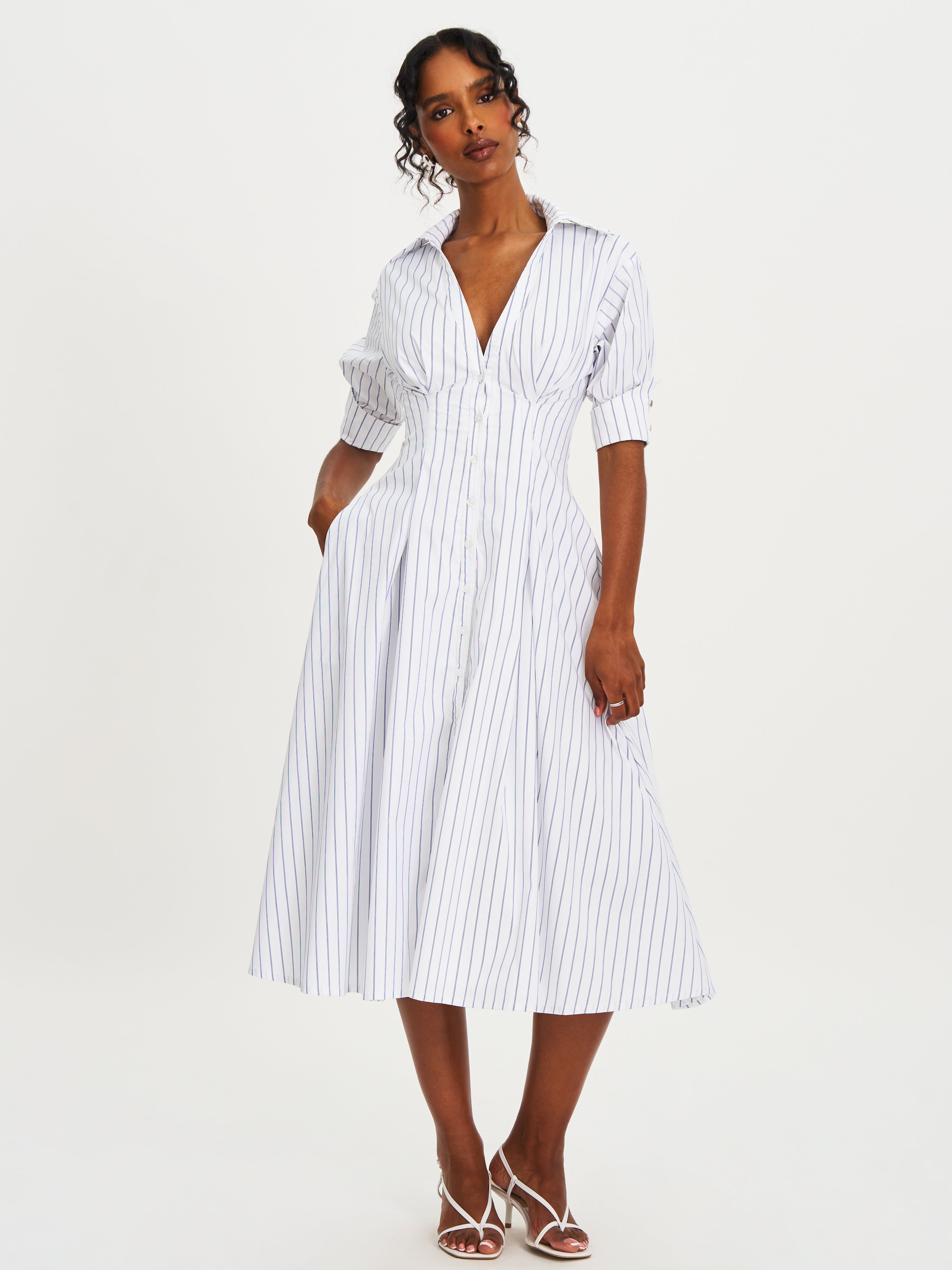 Palina Pinstripes Cotton Poplin Midi Dress