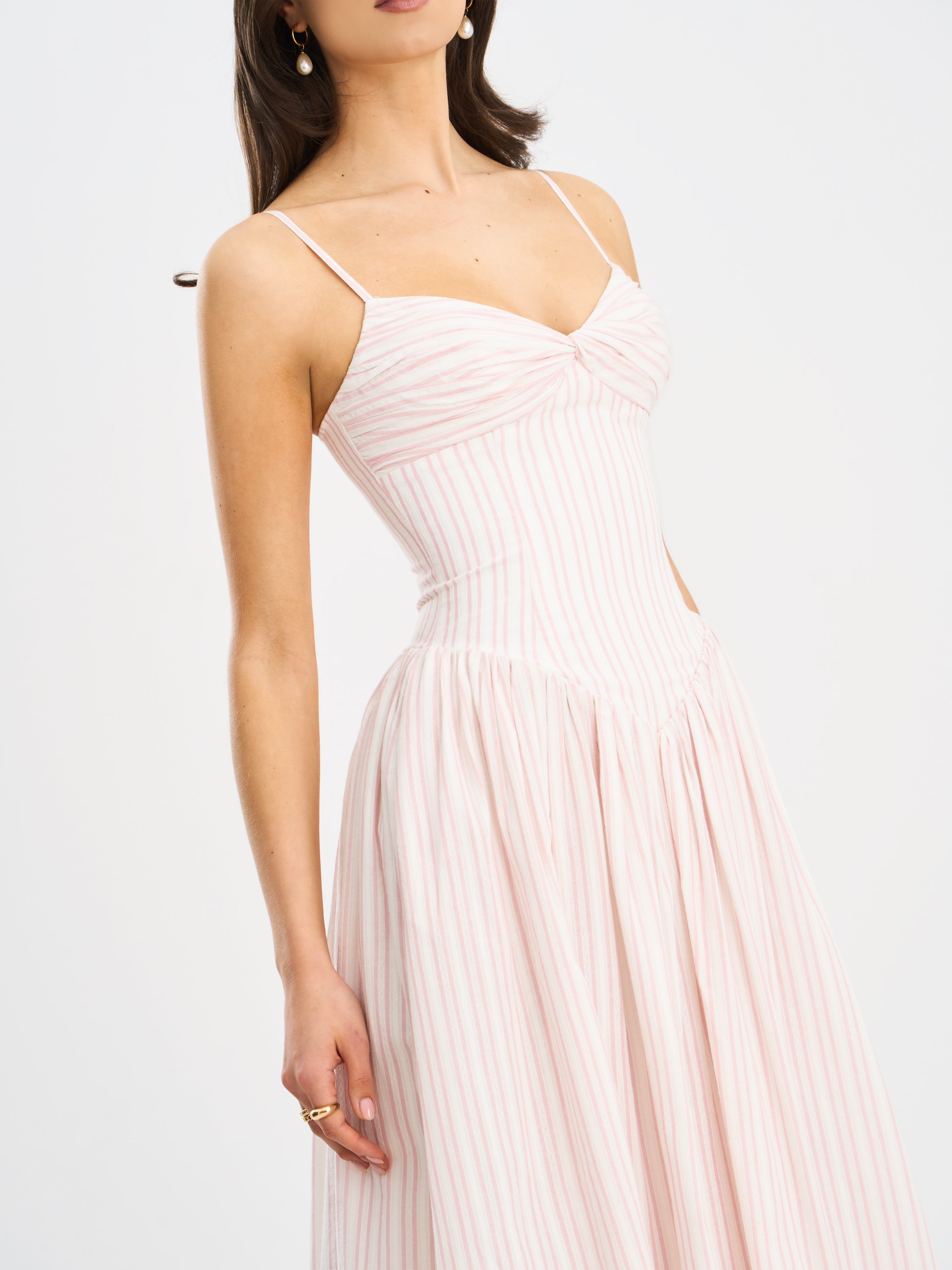 Zania Pink Stripe Ruched Midi Dress