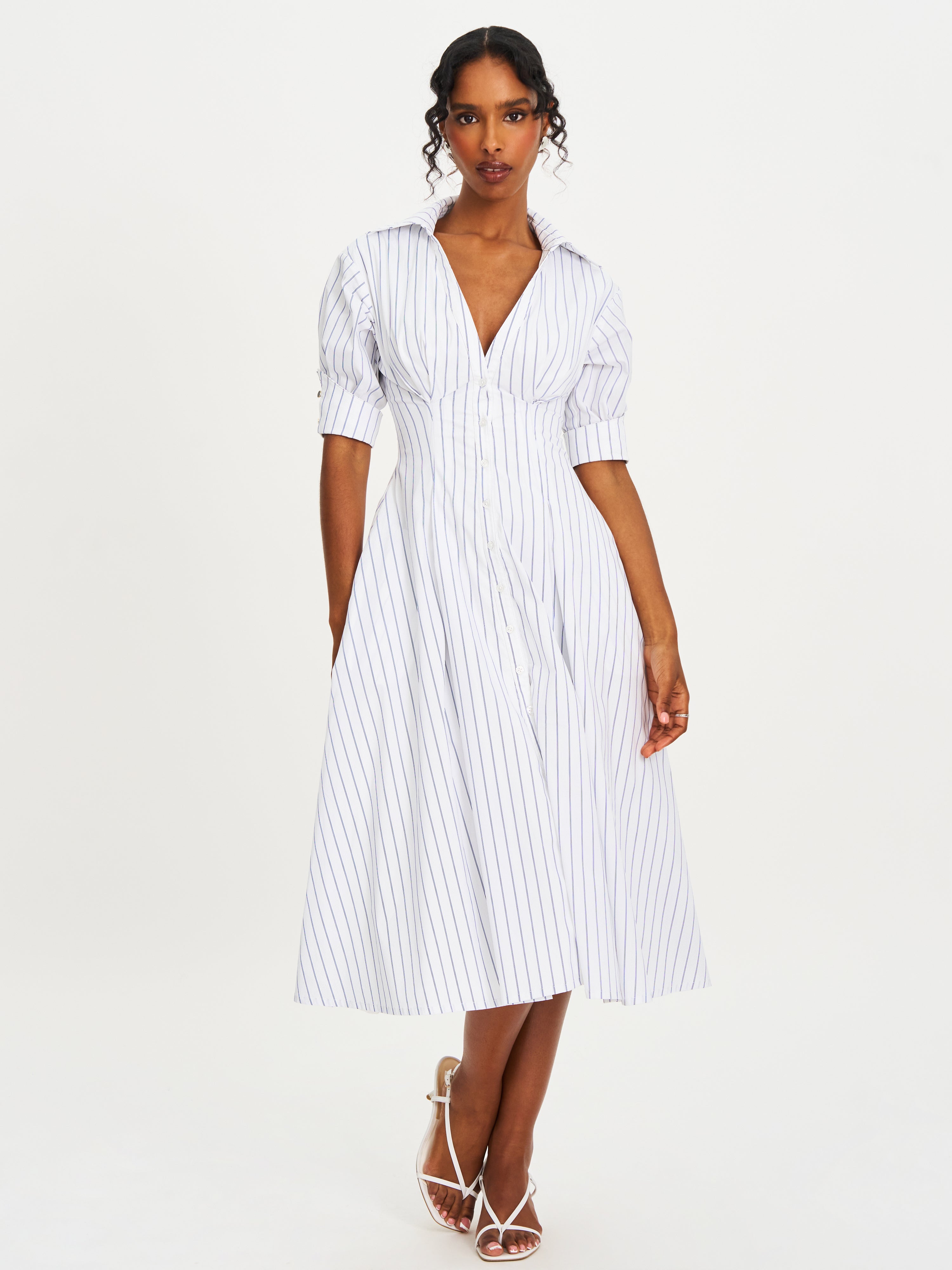 Palina Pinstripes Cotton Poplin Midi Dress