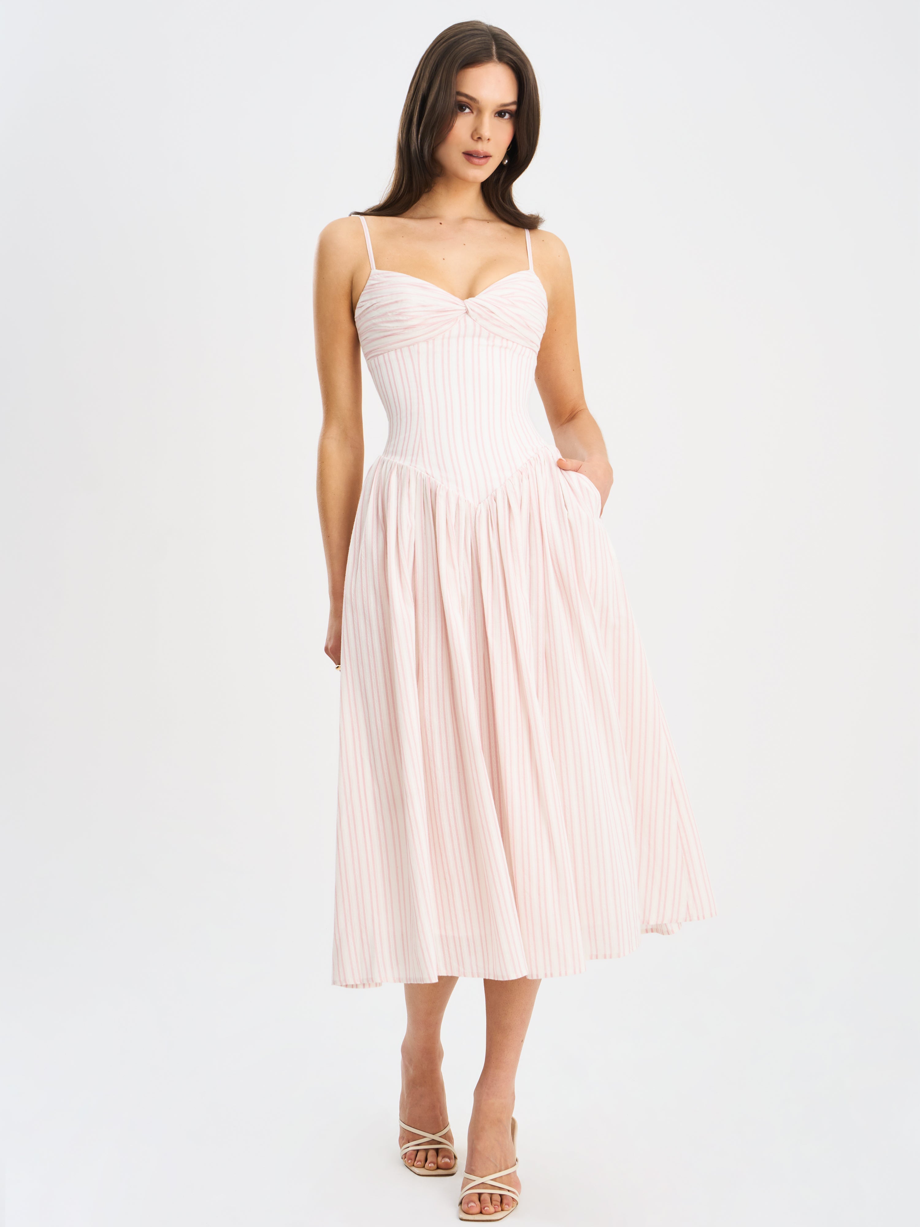 Zania Pink Stripe Ruched Midi Dress