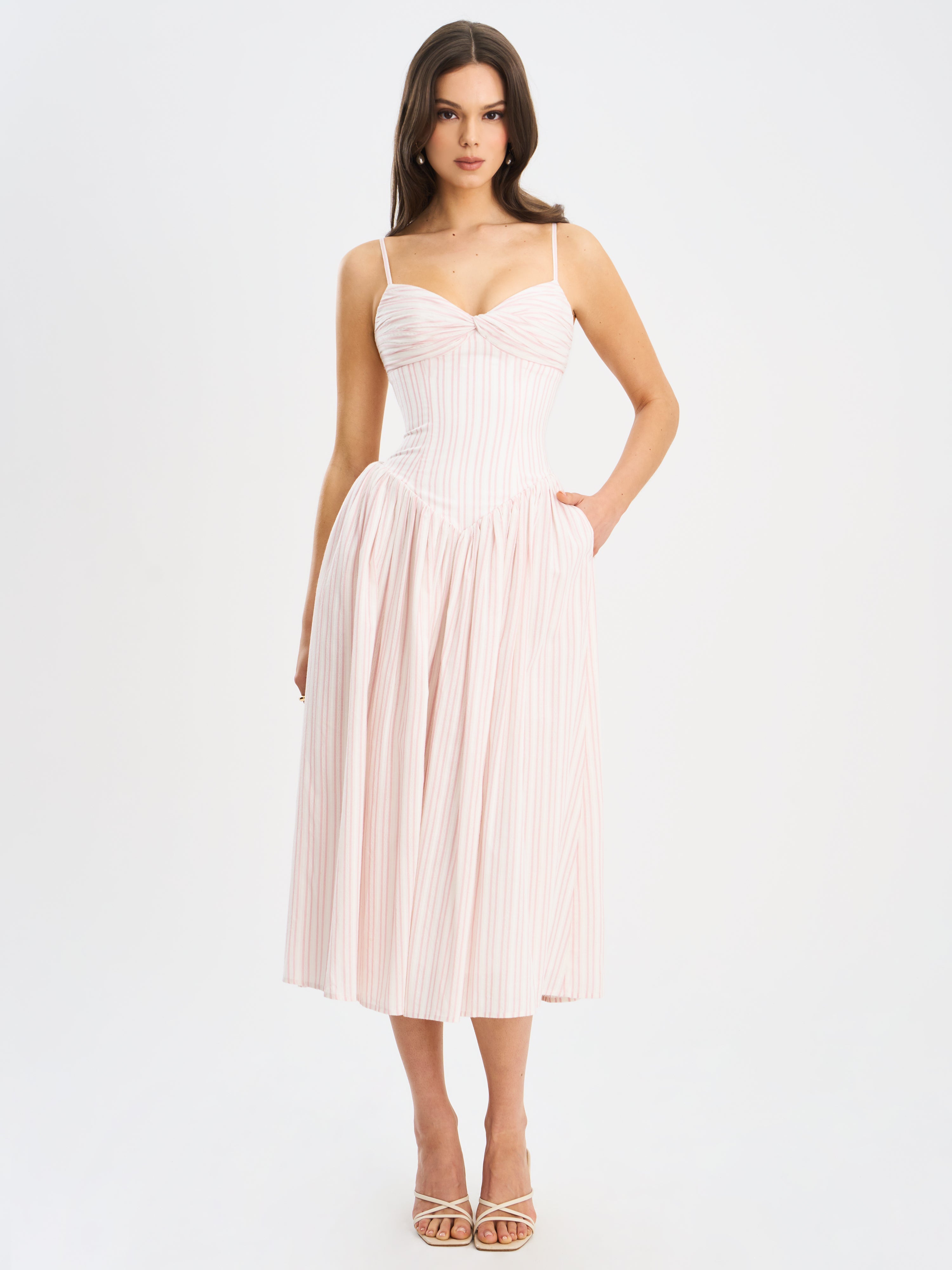 Zania Pink Stripe Ruched Midi Dress
