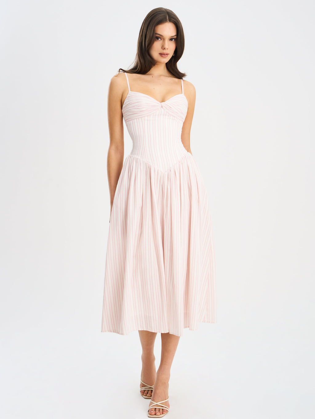 Zania Pink Stripe Ruched Midi Dress