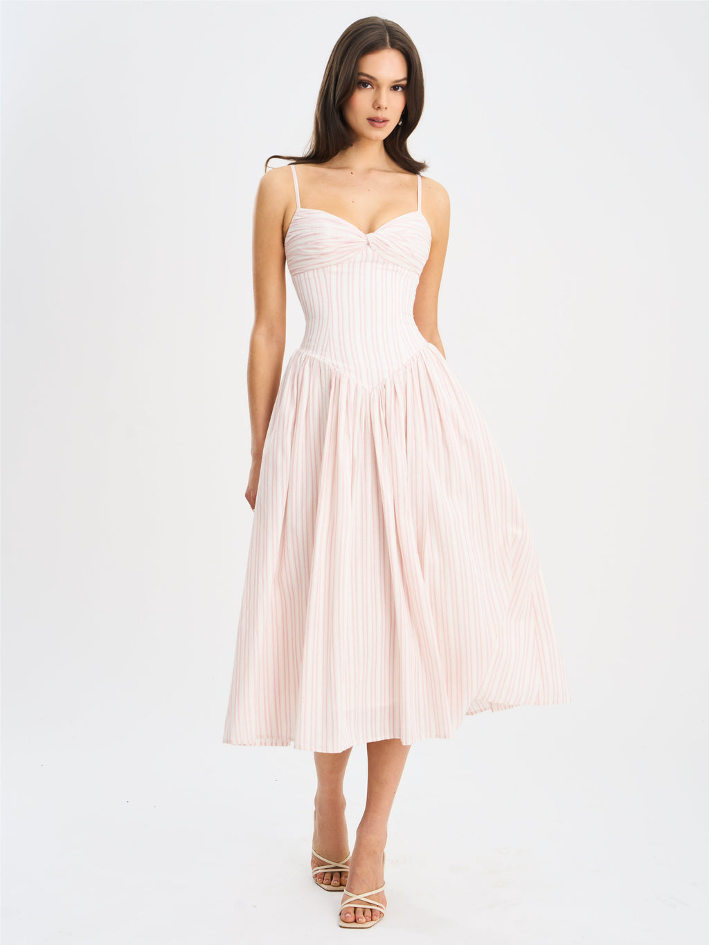 Zania Pink Stripe Ruched Midi Dress