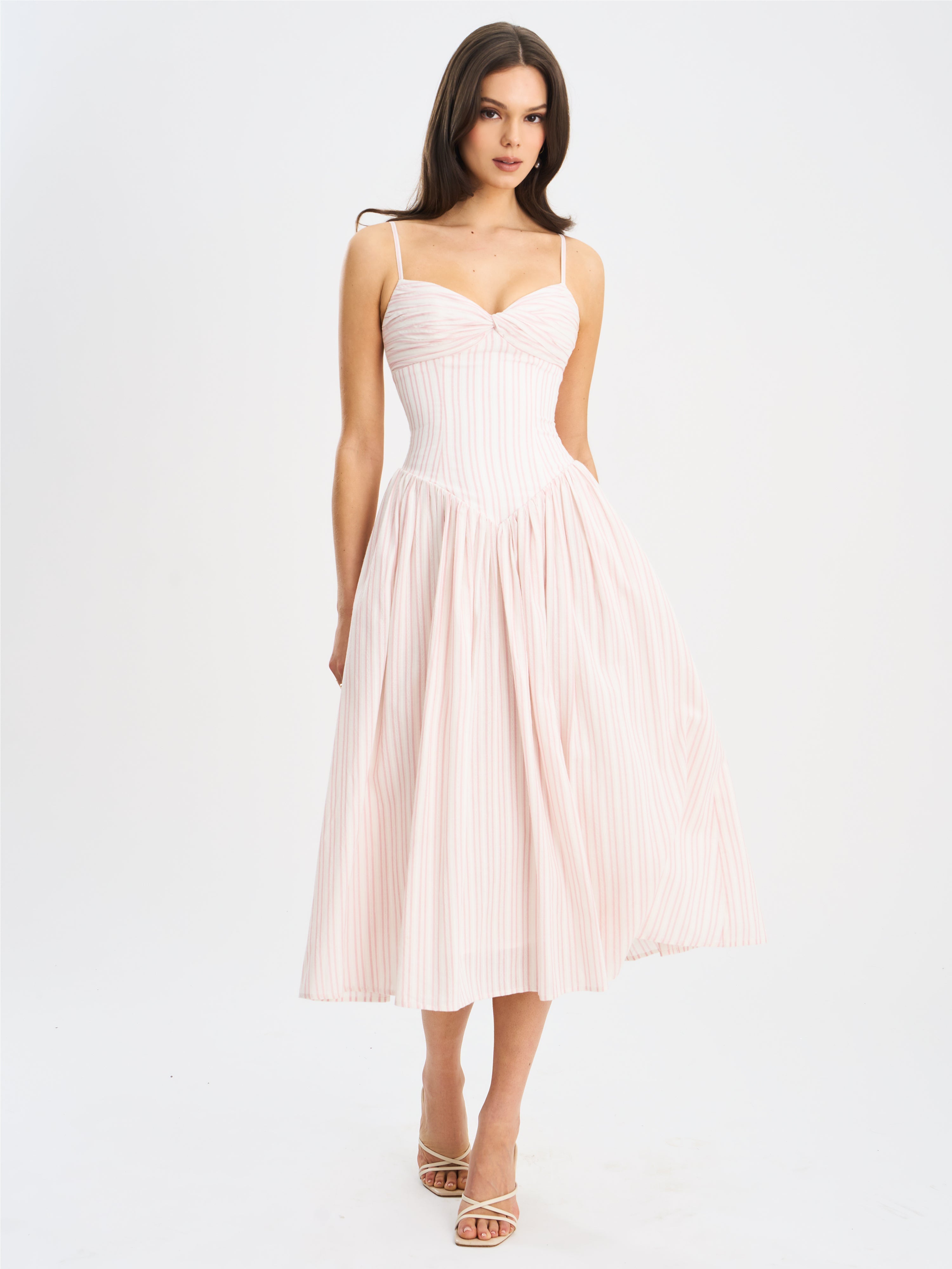 Zania Pink Stripe Ruched Midi Dress