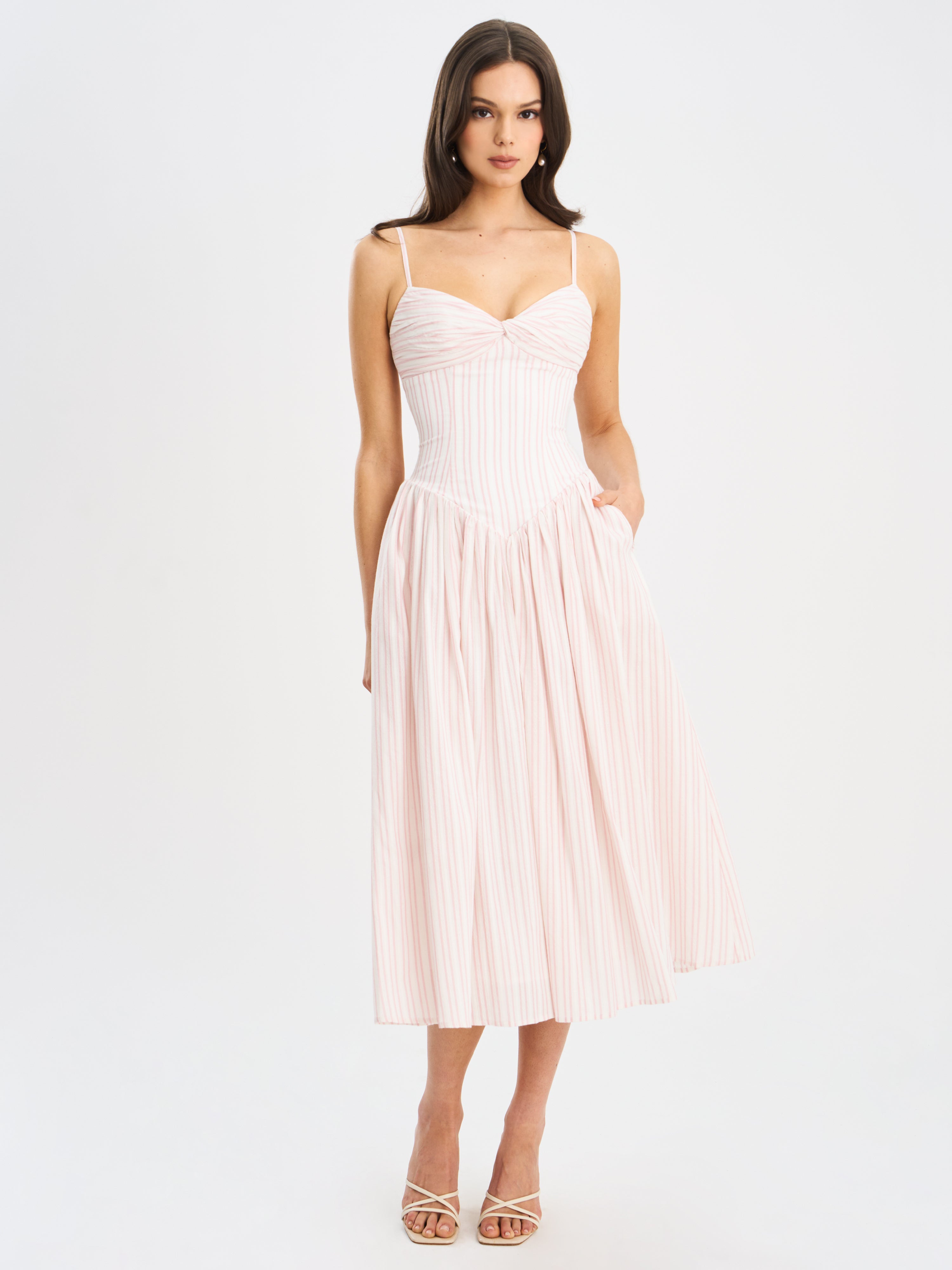 Zania Pink Stripe Ruched Midi Dress