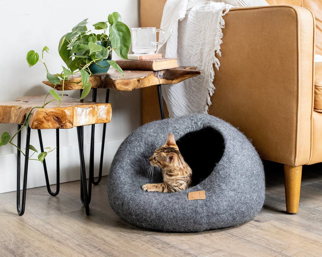 Premium Felted Wool Cat Cave Bed — Stone Gray