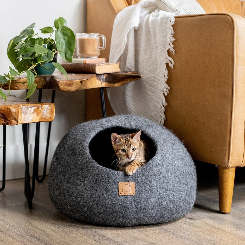 Premium Felted Wool Cat Cave Bed — Stone Gray