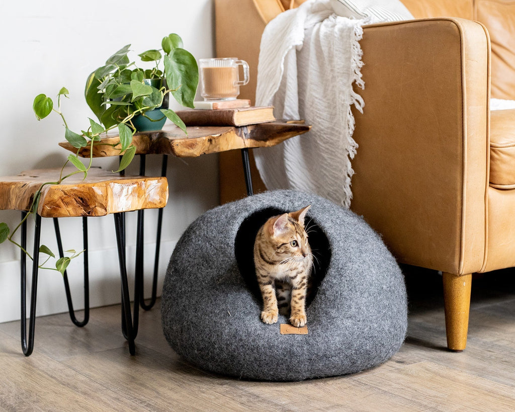 Premium Felted Wool Cat Cave Bed — Stone Gray
