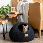 Premium Felted Wool Cat Cave Bed — Night Black