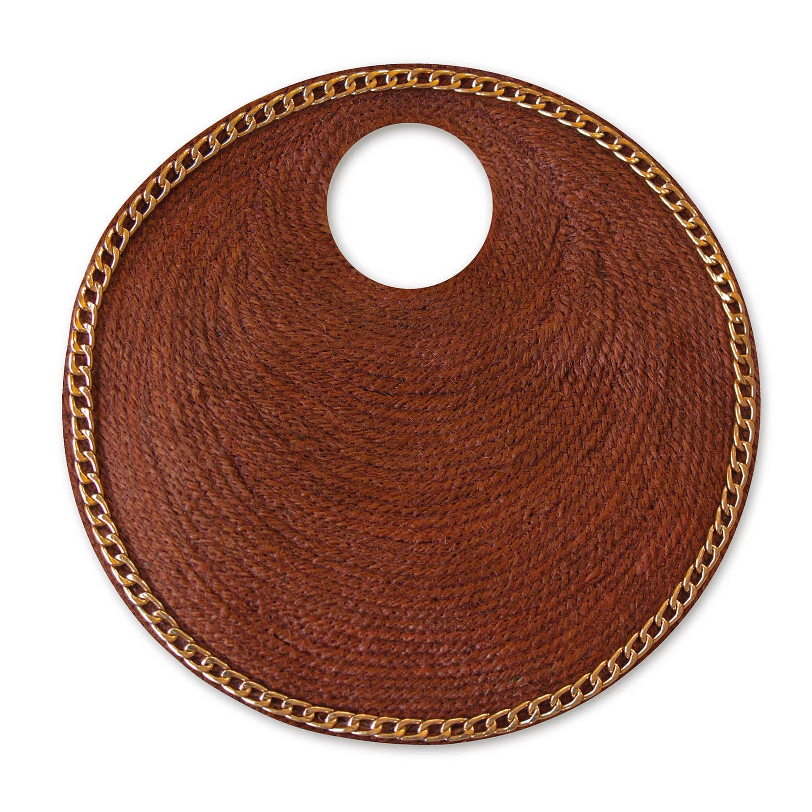 Natural Jute Straw Circle Tote with Gold Chain Trim