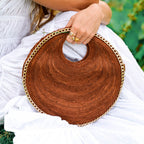 Natural Jute Straw Circle Tote with Gold Chain Trim