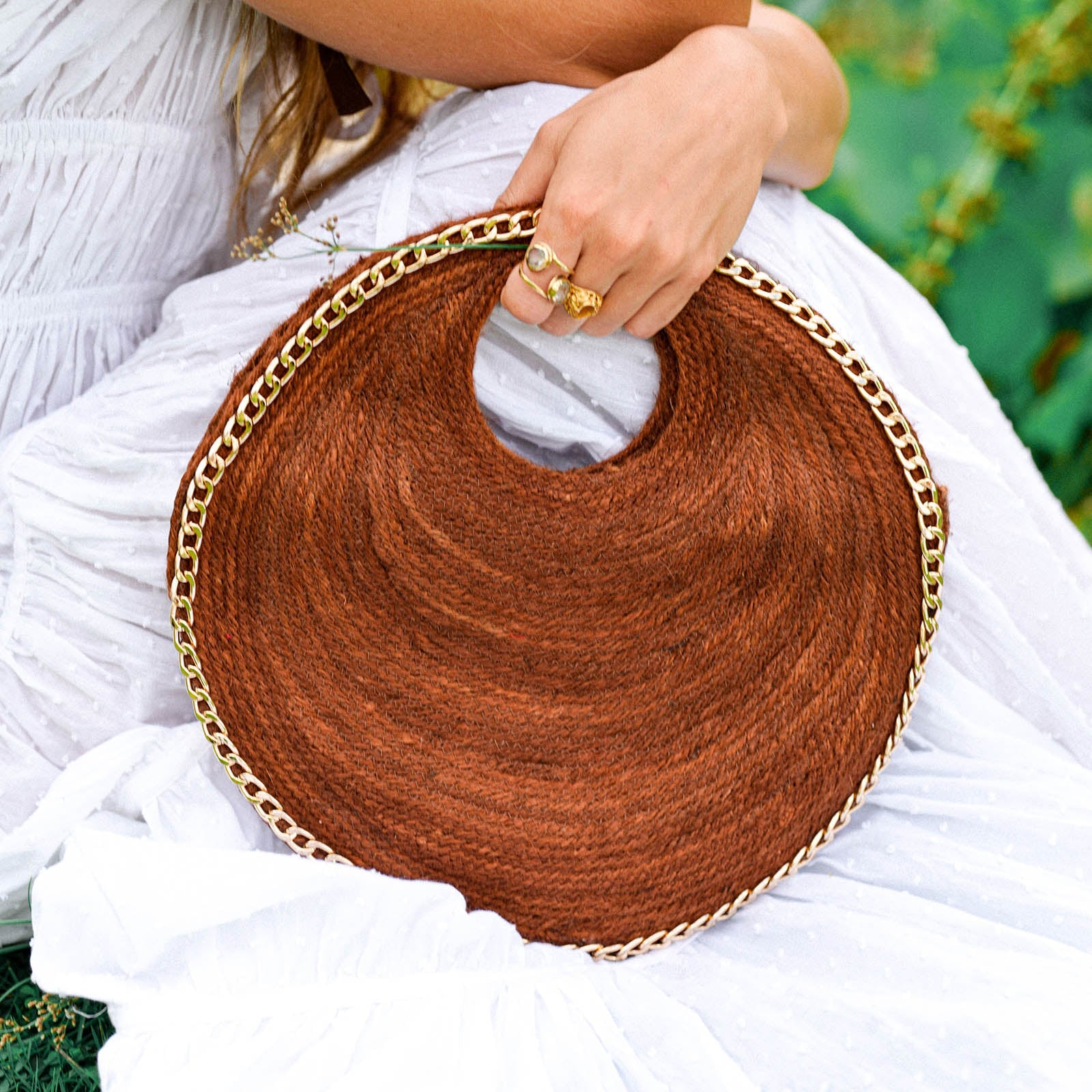 Natural Jute Straw Circle Tote with Gold Chain Trim
