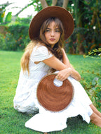 Natural Jute Straw Circle Tote with Gold Chain Trim