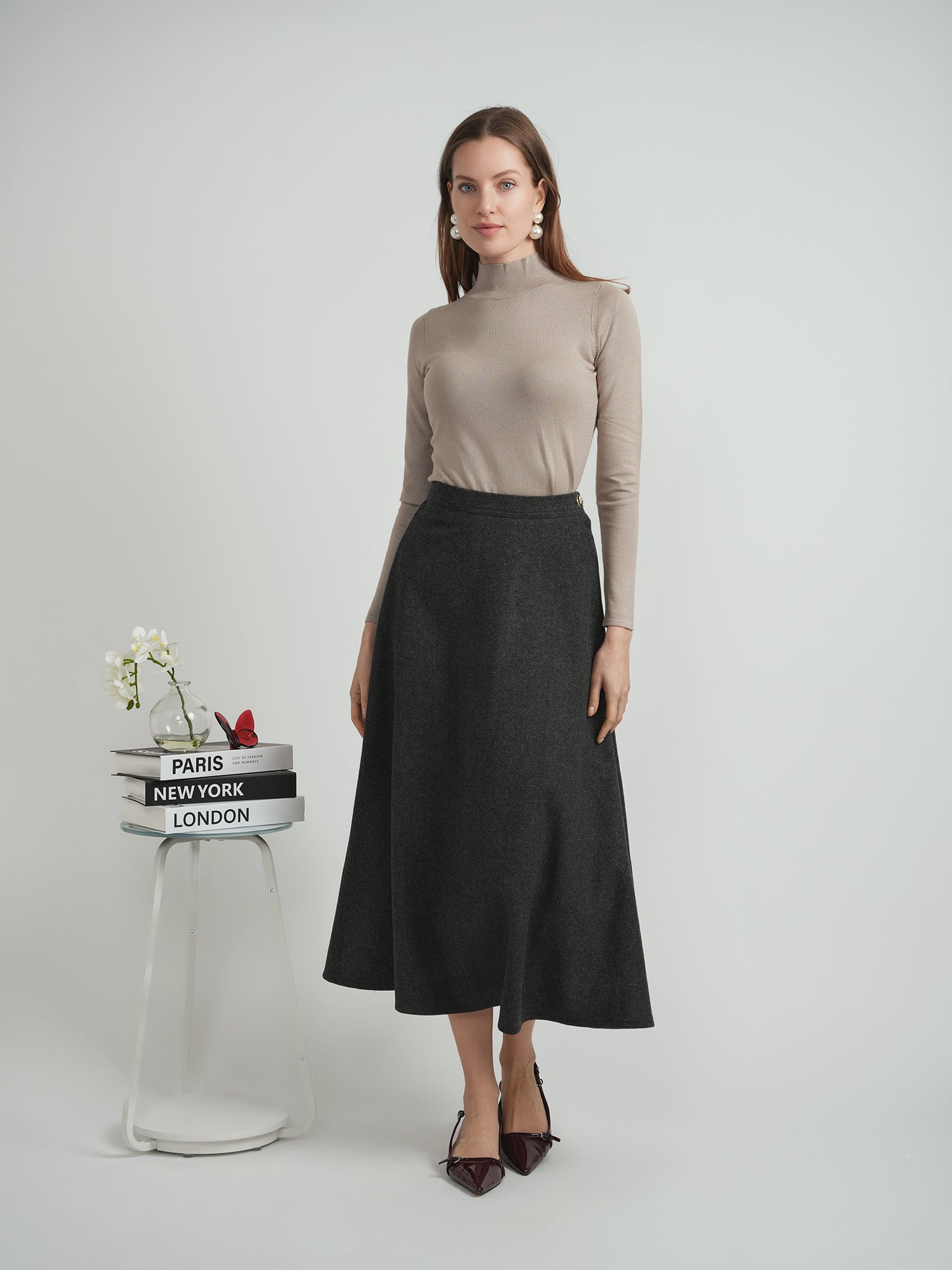Wool Button Side Midi Skirt