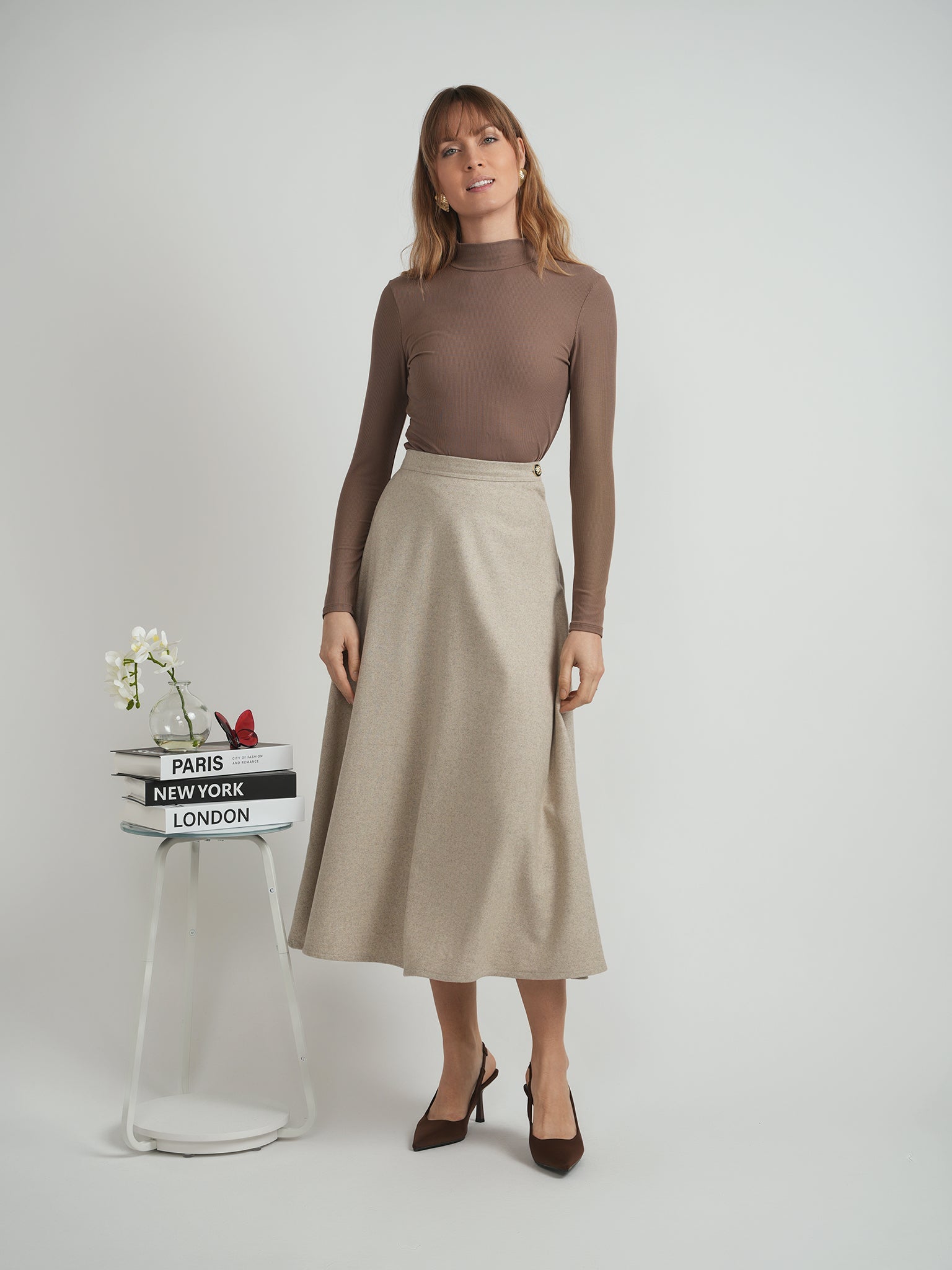 Wool Button Side Midi Skirt